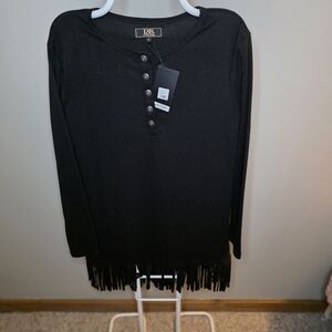 L&B Black Fringe Hem Long Sleeve Top With Silver And Turquise Accent Buttons NWT